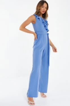 Pale Blue Frill Wrap Palazzo Jumpsuit -Claasyoo Shop 00100038300 XS