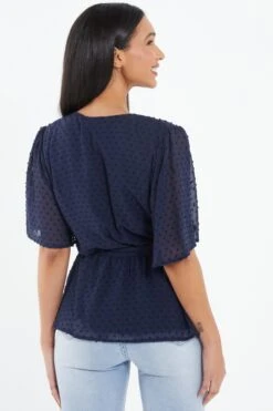 Navy Chiffon Tie Belt Peplum Top -Claasyoo Shop 00100038344 XB