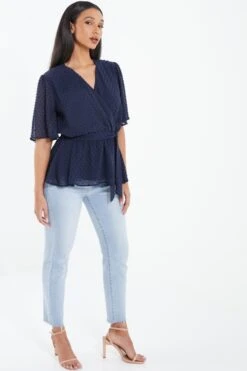 Navy Chiffon Tie Belt Peplum Top -Claasyoo Shop 00100038344 XS