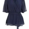 Navy Chiffon Tie Belt Peplum Top -Claasyoo Shop 00100038344 ZM