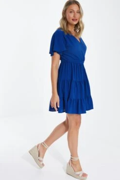 Royal Blue Wrap Skater Dress -Claasyoo Shop 00100038349 XS