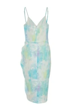 Blue Smudge Satin Wrap Midi Dress -Claasyoo Shop 00100038362 ZB