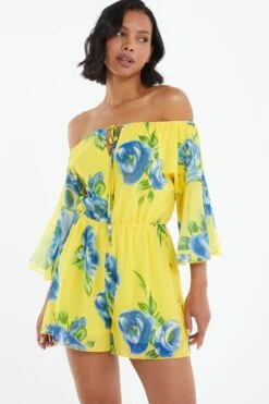 Yellow Floral Bardot Playsuit -Claasyoo Shop 00100038365 XM