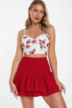 Red Ruched Frill Mini Skirt 9 Red Ruched Frill Mini Skirt -Claasyoo Shop 00100038420 XM