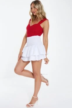 White Ruched Frill Mini Skirt -Claasyoo Shop 00100038421 XS