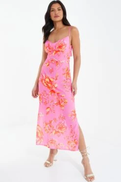 Pink Floral Print Tie Back Midi Dress -Claasyoo Shop 00100038433 XM