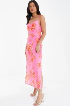 Pink Floral Print Tie Back Midi Dress -Claasyoo Shop 00100038433 XS