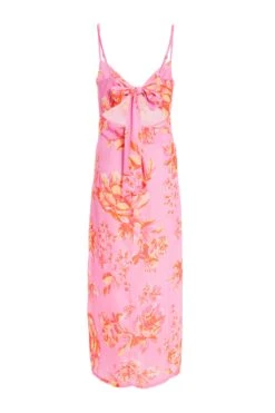 Pink Floral Print Tie Back Midi Dress -Claasyoo Shop 00100038433 ZB