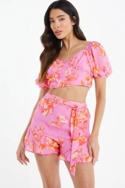 Pink Floral Print Shorts -Claasyoo Shop 00100038452 XM
