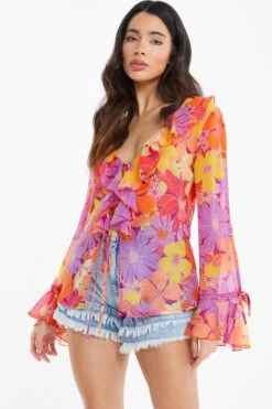 Pink Floral Tie Front Blouse -Claasyoo Shop 00100038453 XM