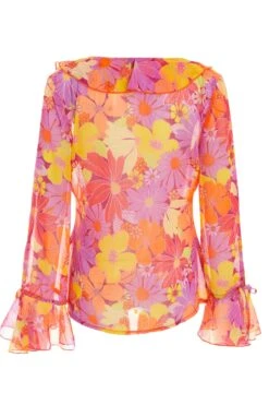 Pink Floral Tie Front Blouse -Claasyoo Shop 00100038453 ZB