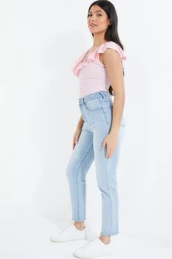 Light Pink Ribbed Frill Bodysuit -Claasyoo Shop 00100038455 XS