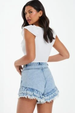 White Ribbed Frill Bodysuit -Claasyoo Shop 00100038456 XB