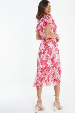 Pink Floral Frill Hem Wrap Midi Dress 10 Pink Floral Frill Hem Wrap Midi Dress -Claasyoo Shop 00100038514 XB
