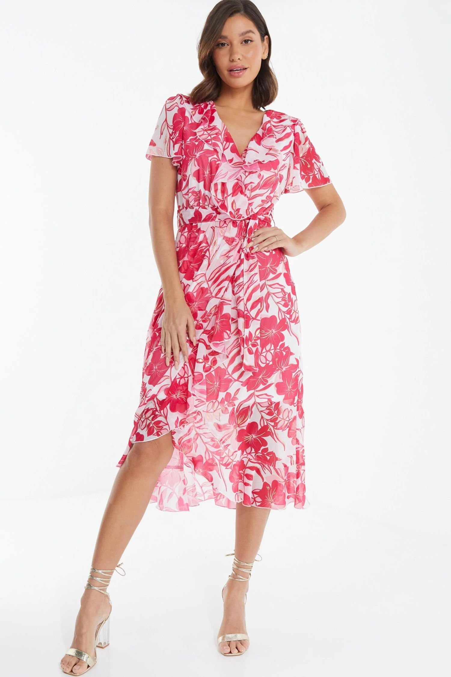 Pink Floral Frill Hem Wrap Midi Dress 4 Pink Floral Frill Hem Wrap Midi Dress - Image 2
