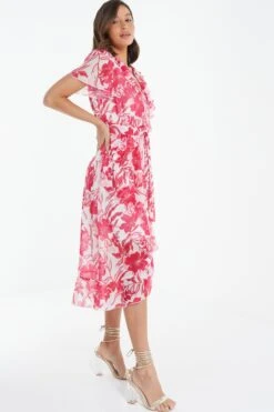 Pink Floral Frill Hem Wrap Midi Dress 11 Pink Floral Frill Hem Wrap Midi Dress -Claasyoo Shop 00100038514 XS