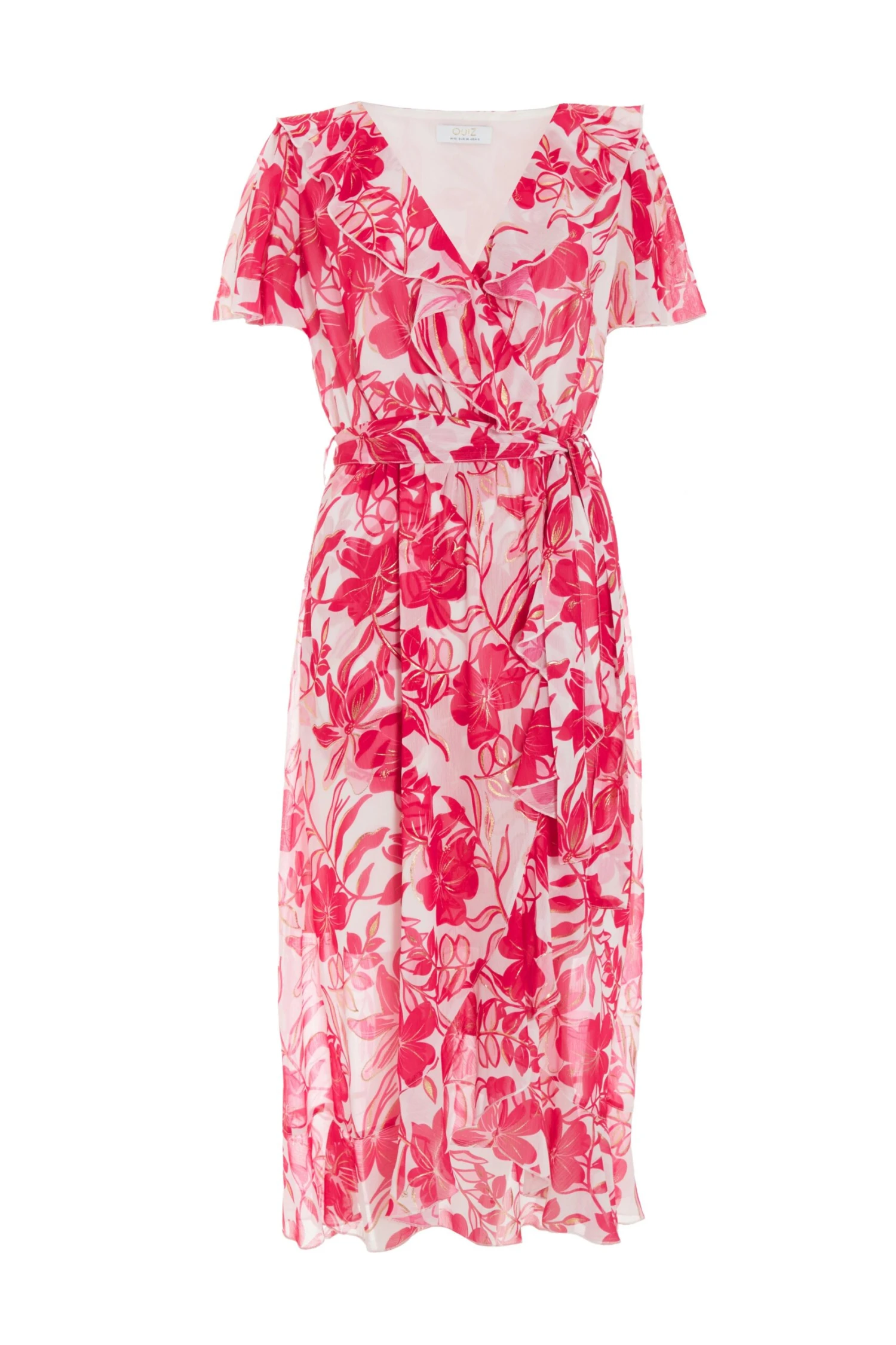 Pink Floral Frill Hem Wrap Midi Dress 3 Pink Floral Frill Hem Wrap Midi Dress