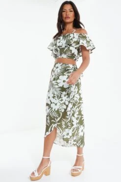 Khaki Floral Bardot Crop Top -Claasyoo Shop 00100038521 XS