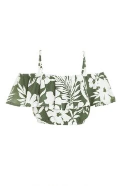 Khaki Floral Bardot Crop Top -Claasyoo Shop 00100038521 ZB