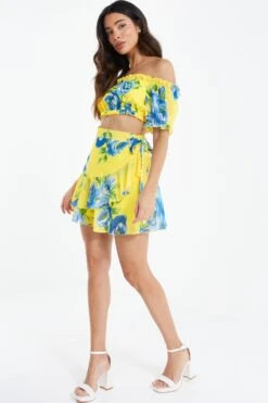 Yellow Floral Wrap Mini Skirt -Claasyoo Shop 00100038548 XS