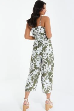 Khaki Tropical Print Culotte Jumpsuit -Claasyoo Shop 00100038589 XB