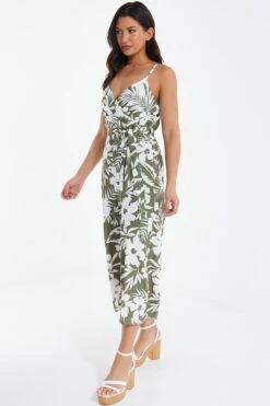 Khaki Tropical Print Culotte Jumpsuit -Claasyoo Shop 00100038589 XS
