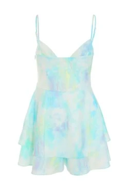 Blue Satin Smudge Print Playsuit -Claasyoo Shop 00100038599 ZB