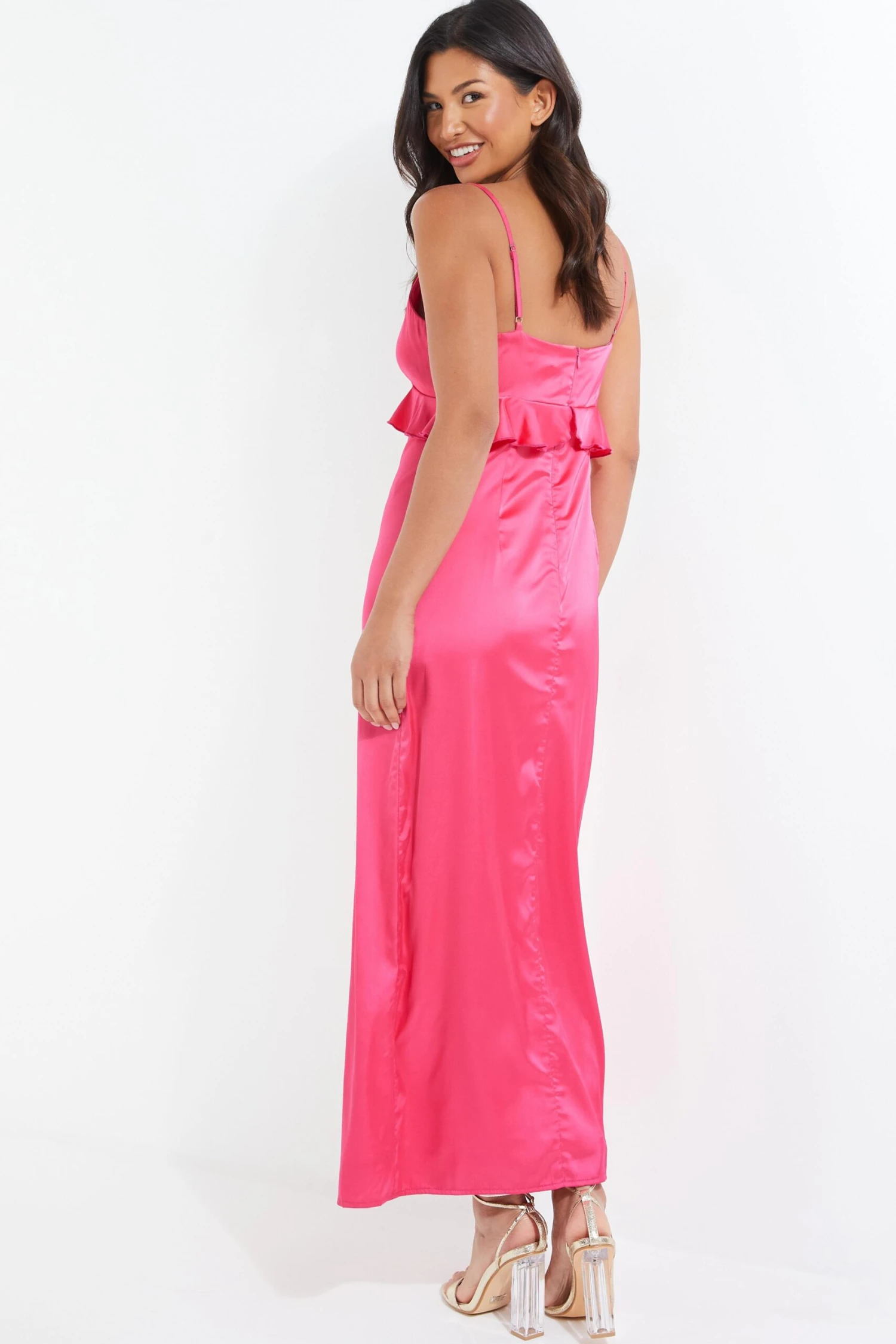 Pink Satin Frill Slip Midi Dress 5 Pink Satin Frill Slip Midi Dress - Image 3
