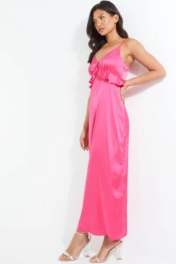 Pink Satin Frill Slip Midi Dress 11 Pink Satin Frill Slip Midi Dress -Claasyoo Shop 00100038602 XS