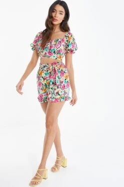 Multicoloured Floral Tie Back Crop Top -Claasyoo Shop 00100038613 XS