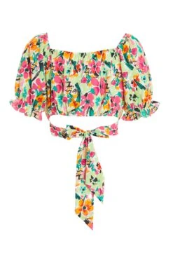 Multicoloured Floral Tie Back Crop Top -Claasyoo Shop 00100038613 ZB