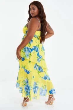 Curve Yellow Floral Midaxi Dress 10 Curve Yellow Floral Midaxi Dress -Claasyoo Shop 00100038632 XB