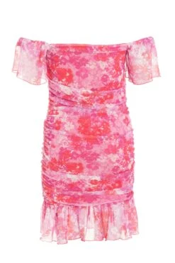 Pink Floral Ruched Bardot Mini Dress 12 Pink Floral Ruched Bardot Mini Dress -Claasyoo Shop 00100038657 ZB