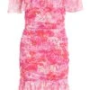 Pink Floral Ruched Bardot Mini Dress -Claasyoo Shop 00100038657 ZM