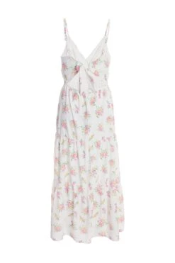 White Ditsy Floral Ruched Midi Dress -Claasyoo Shop 00100038658 ZB