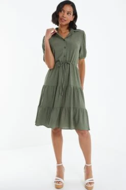 Khaki Wrap Mini Shirt Dress -Claasyoo Shop 00100038763 XM