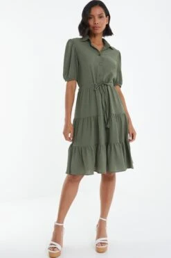 Khaki Wrap Mini Shirt Dress -Claasyoo Shop 00100038763 XS