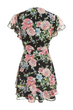 Black Chiffon Floral Print Skater Dress -Claasyoo Shop 00100038767 ZB