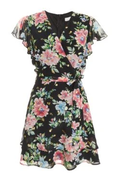Black Chiffon Floral Print Skater Dress