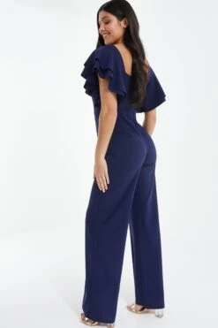 Navy Frill Sleeve Palazzo Jumpsuit -Claasyoo Shop 00100038773 XB