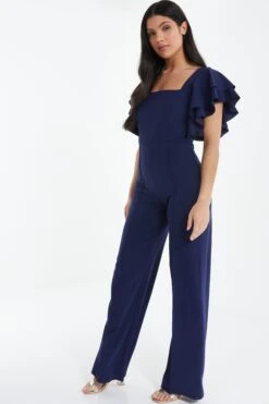 Navy Frill Sleeve Palazzo Jumpsuit -Claasyoo Shop 00100038773 XS