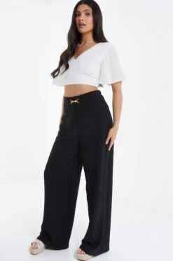 Black Buckle Palazzo Trousers -Claasyoo Shop 00100038843 XS