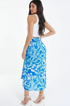 Blue Leopard Print Satin Wrap Midi Skirt -Claasyoo Shop 00100038903 XB