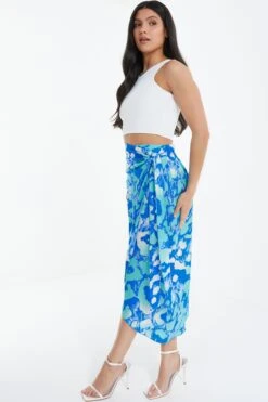 Blue Leopard Print Satin Wrap Midi Skirt -Claasyoo Shop 00100038903 XS