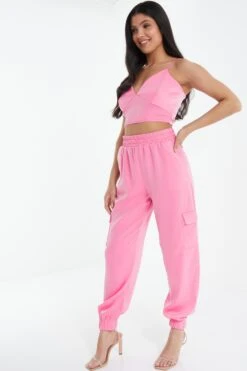 Pink Satin Tie Back Crop Top -Claasyoo Shop 00100038931 XS