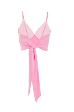 Pink Satin Tie Back Crop Top -Claasyoo Shop 00100038931 ZB