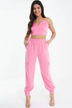 Pink Satin Cargo Trousers -Claasyoo Shop 00100038932 XM