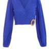 Blue Wrap Long Sleeve Crop Top -Claasyoo Shop 00100039037 ZM