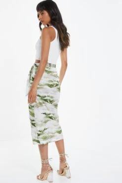 Green Marble Print Wrap Midi Skirt -Claasyoo Shop 00100039045 XB