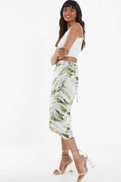 Green Marble Print Wrap Midi Skirt -Claasyoo Shop 00100039045 XS